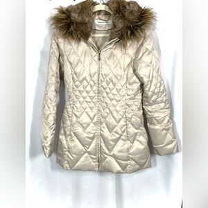 Laundry by Design Cream Metallic Quilted Puffer Coat with Faux Fur Collar